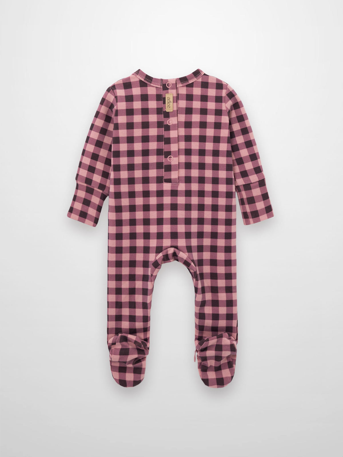 Pink and red gingham stretchy baby footed romper with front placket and inseam zipper.