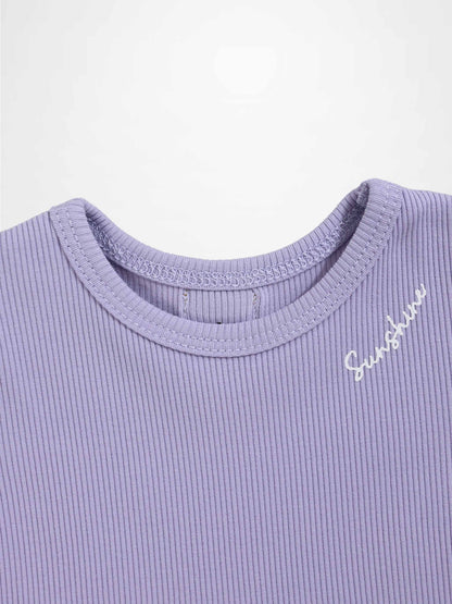 Ribbed Short Puff Sleeve T-shirt &amp; Shorts Set - Lavender