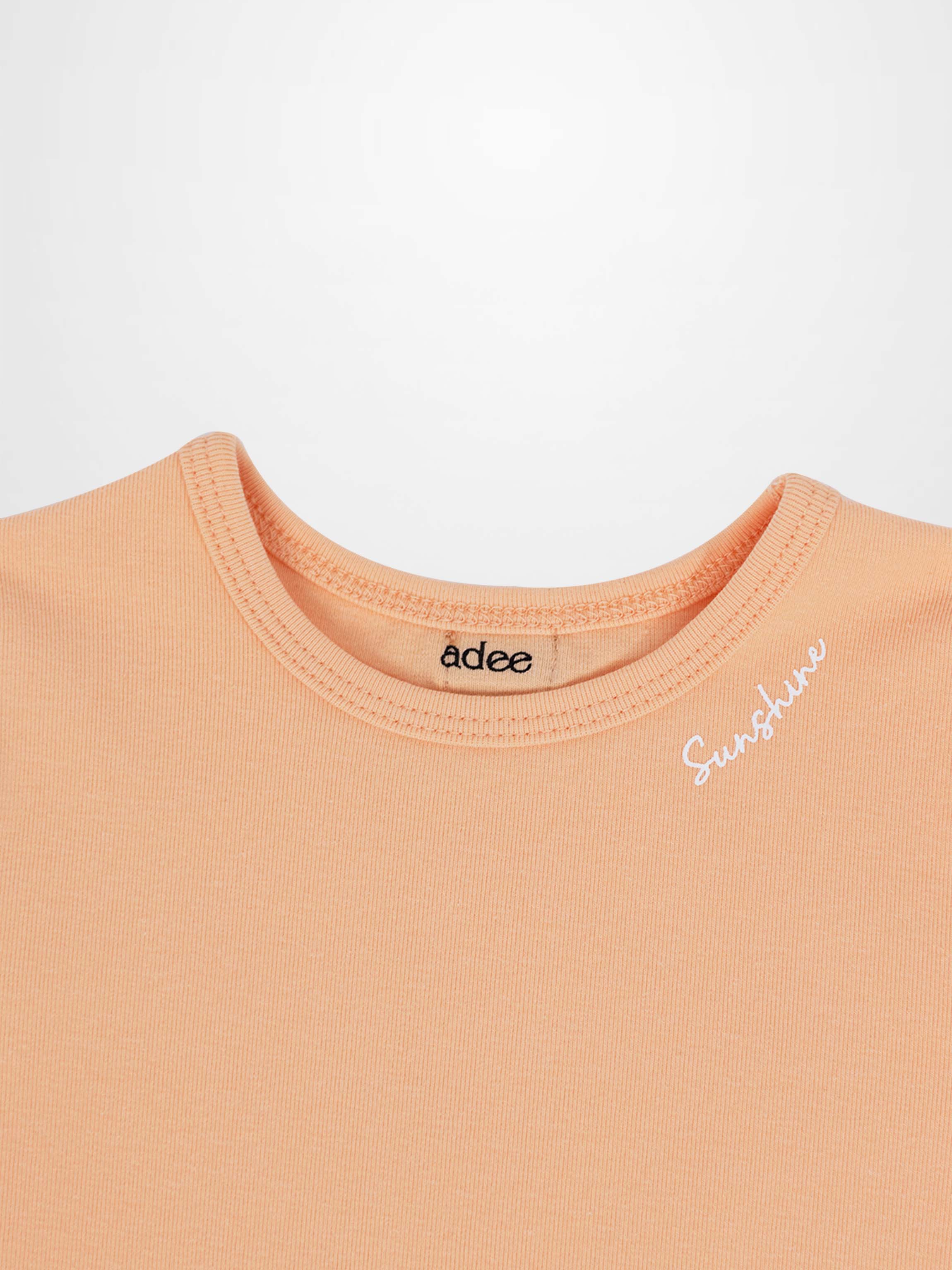 Short Puff Sleeve T-shirt &amp; Shorts Set in peach by Adee; visible white Sunshine script.
