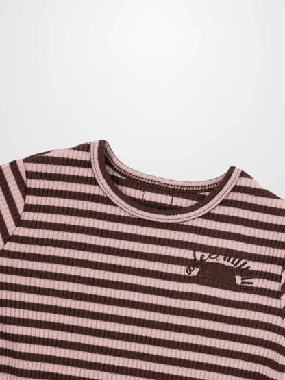 Striped Crew Neck T-Shirt - Brown &amp; Pink