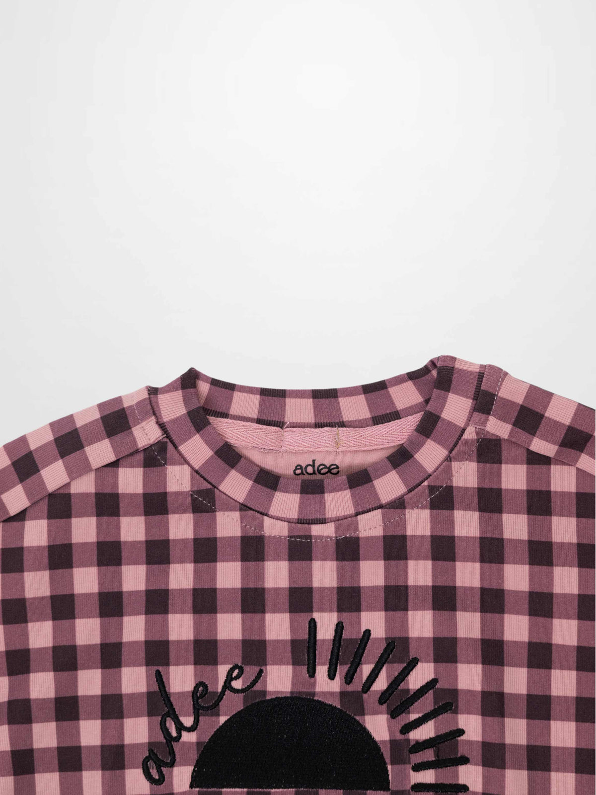 Gingham Pajamas top for girls in burgundy with sunburst embroidery, Adee brand