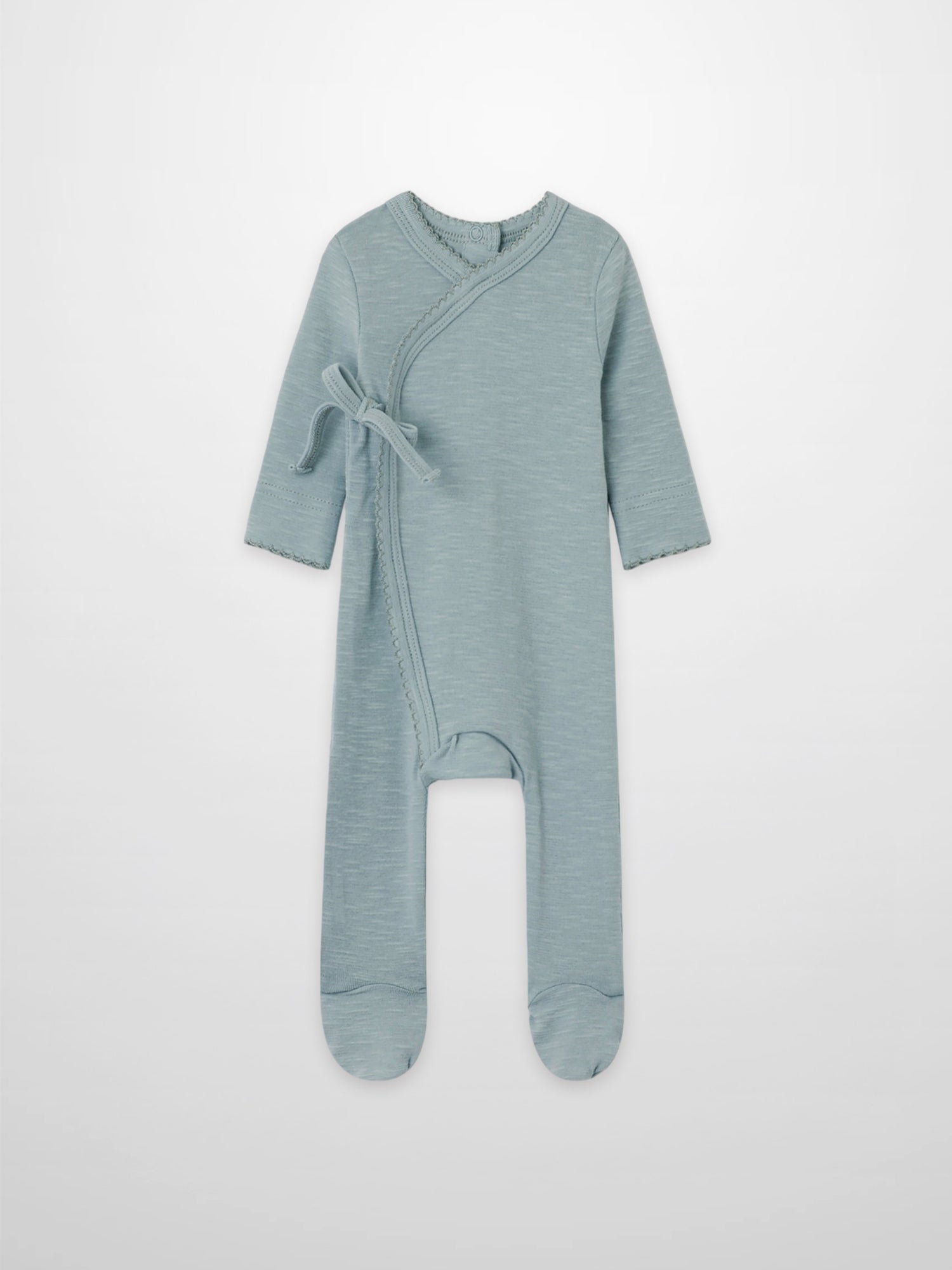 Blue Adee Boys Stretchies scalloped-edge footed romper with wrap-front and tie