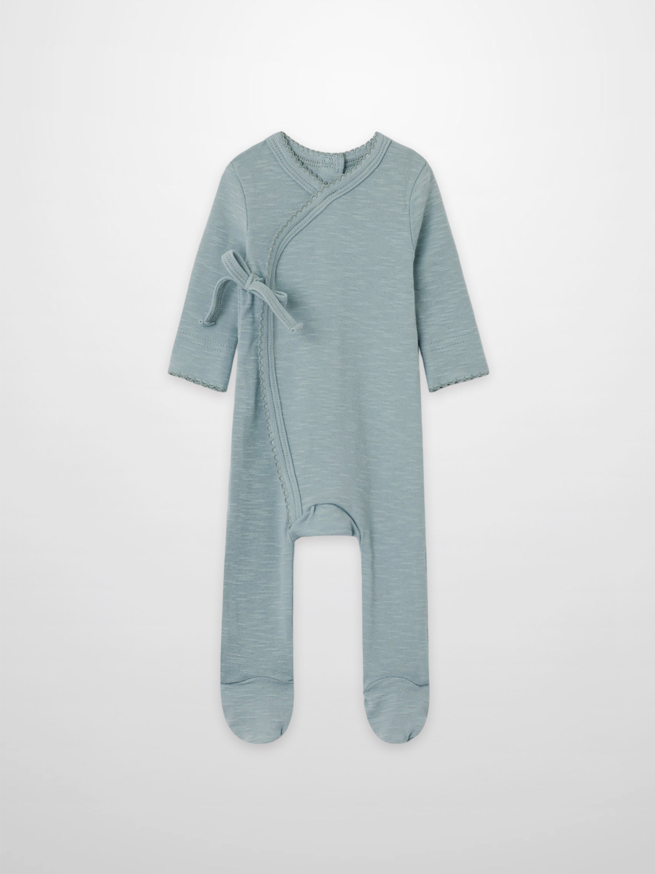 Blue Adee Boys Stretchies scalloped-edge footed romper with wrap-front and tie