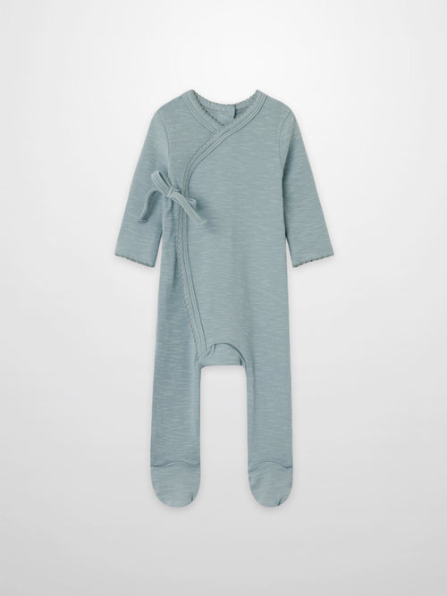 Blue Adee Boys Stretchies scalloped-edge footed romper with wrap-front and tie