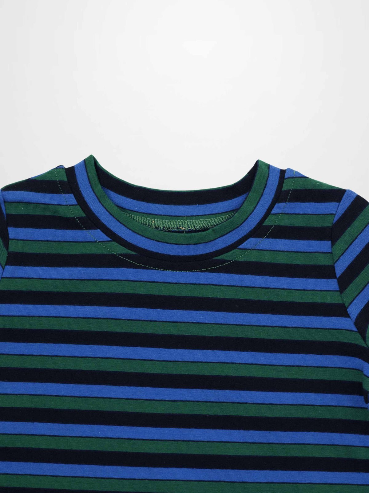 Blue striped long-sleeve crew neck T-shirt in blue, green, and black for kids.