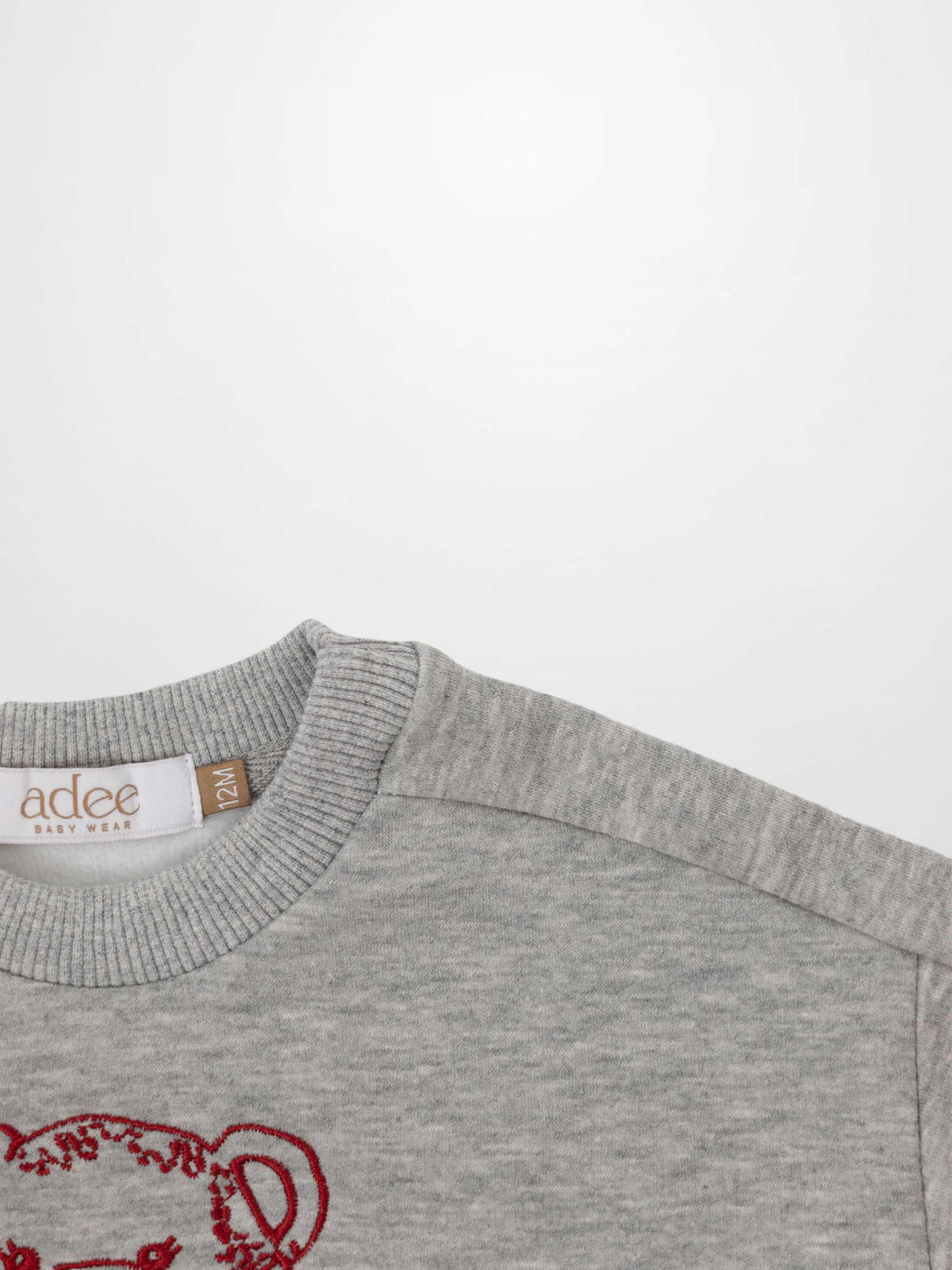 Teddy Bear Sweatshirt for girls, grey with red teddy embroidery by Adee.