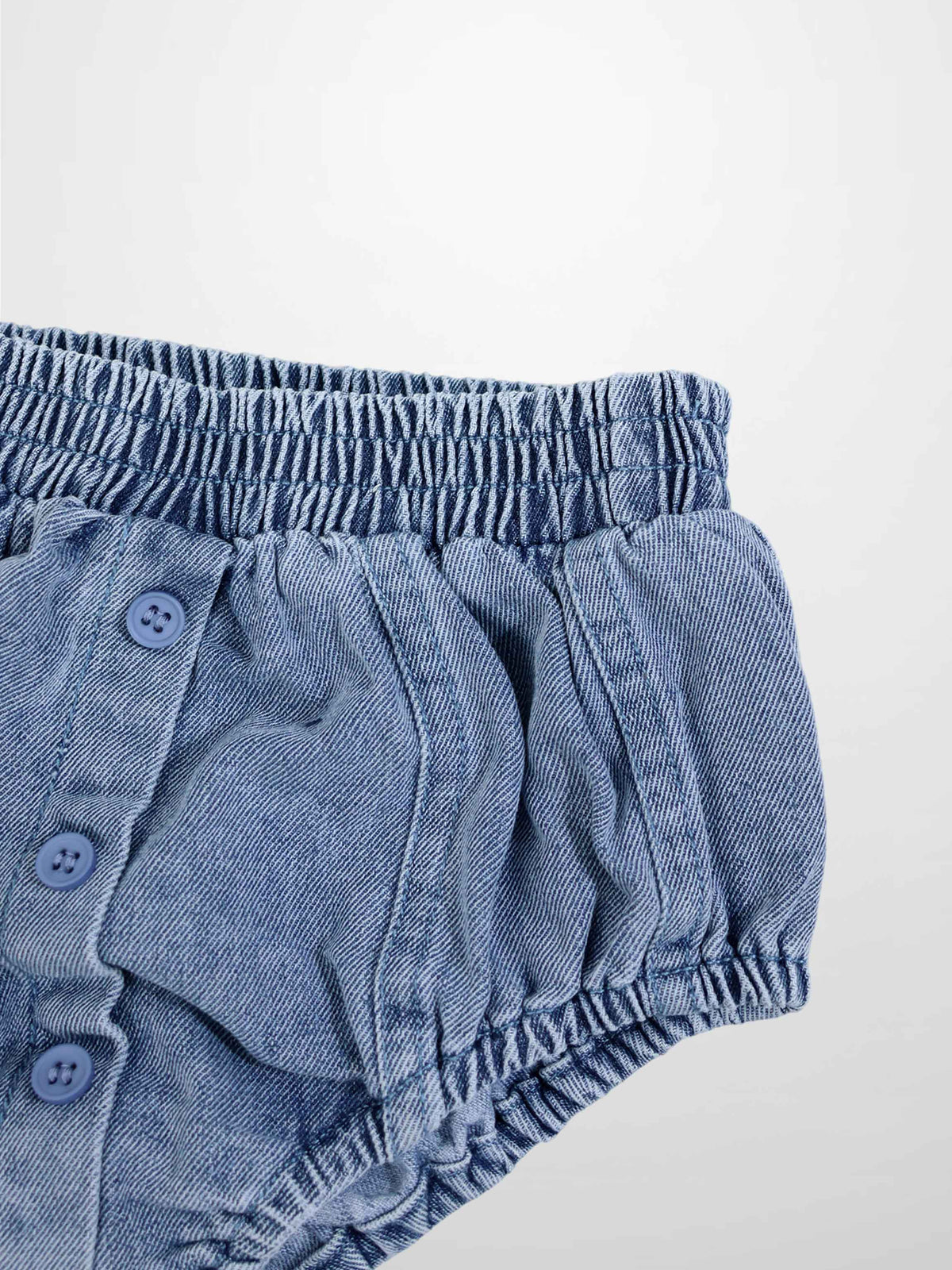 Paneled Bloomers by Adee in blue denim; unisex bottoms with elastic waist and gathered cuffs.