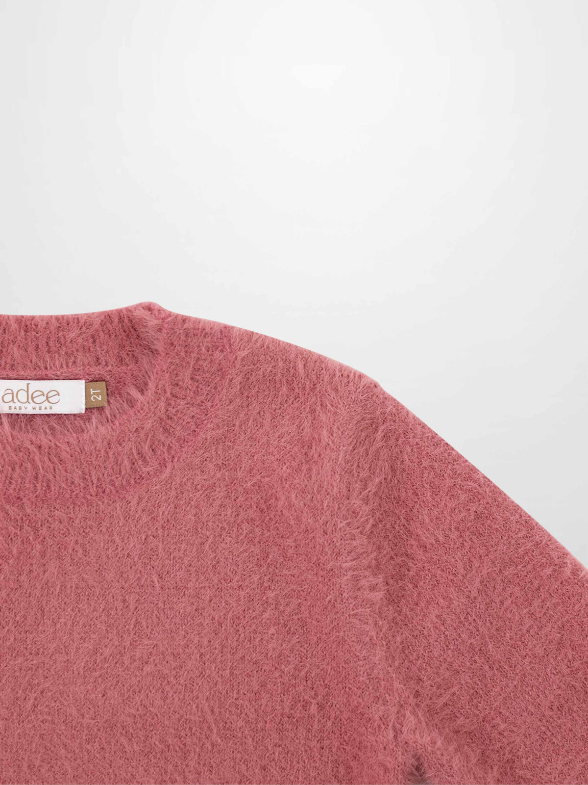 Mohair sweater for girls in pink by Adee, dressy top with visible shoulder tag