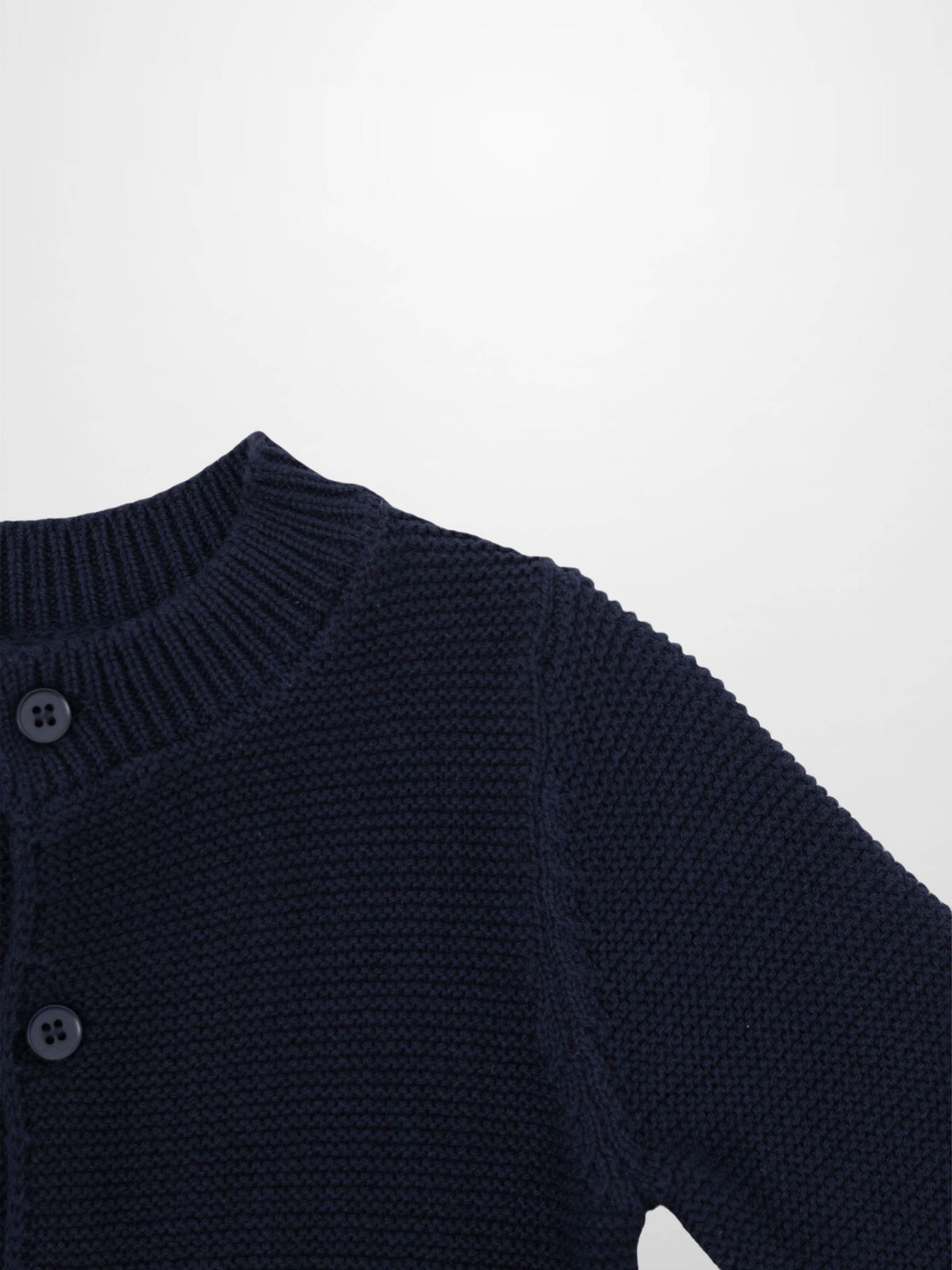 Knit Cardigan in navy; unisex dressy top with button-front and ribbed collar.