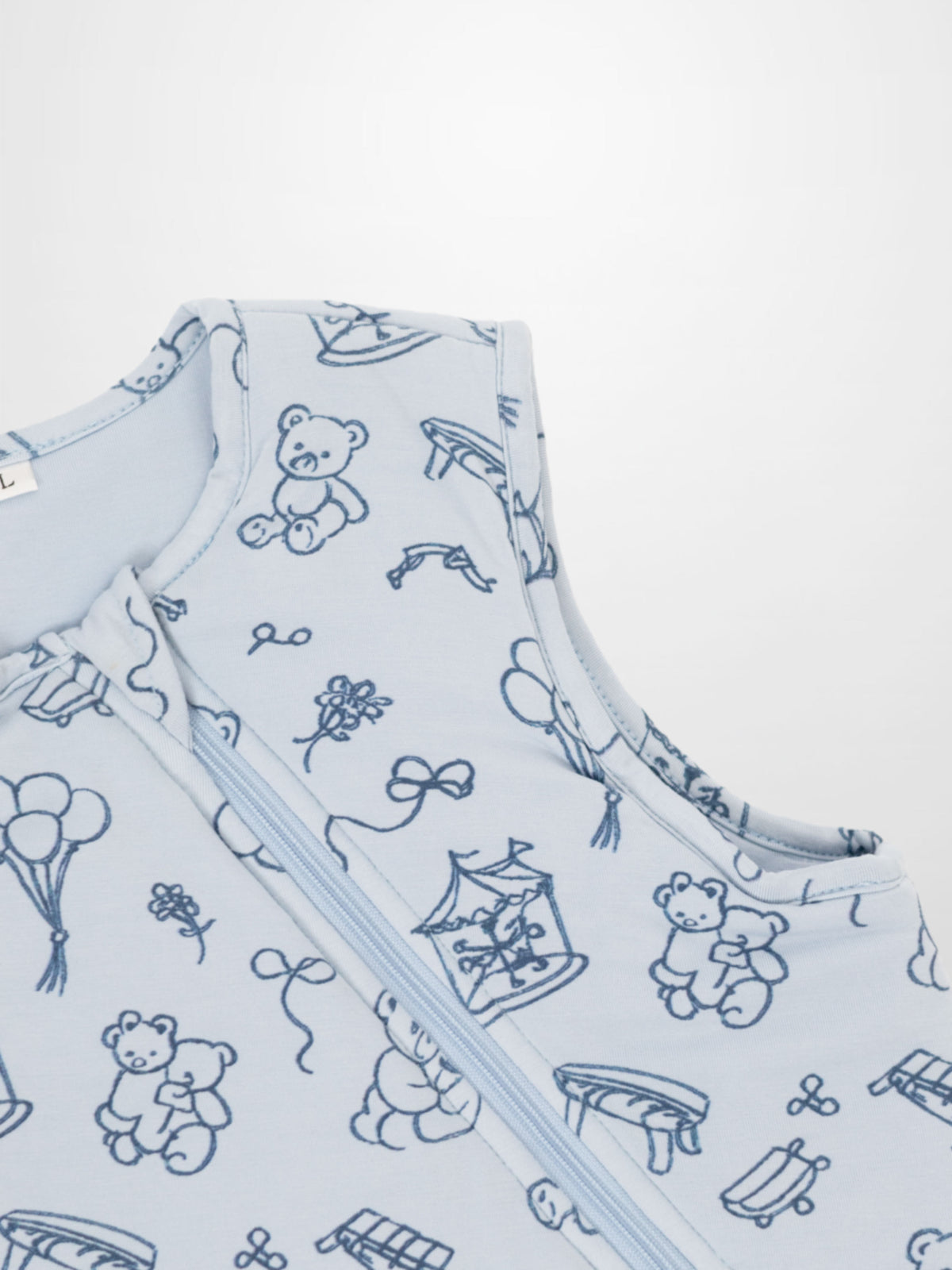Storybook Sleep Sack for boys, blue with teddy bear print by Bon Ami, zipper closure.