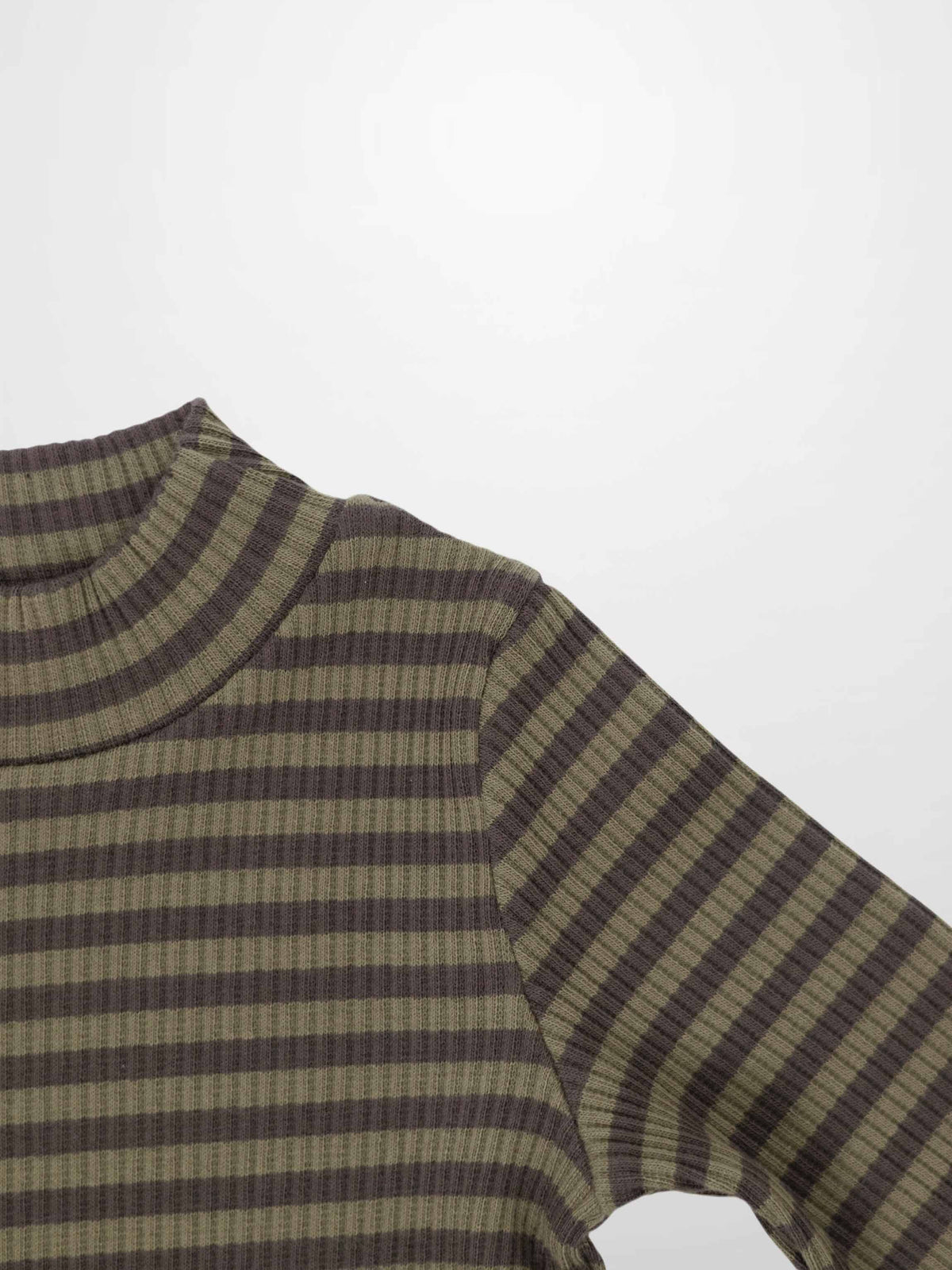 Striped mock-neck T-shirt for girls in green with olive-brown stripes