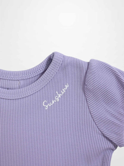 Ribbed Short Puff Sleeve T-shirt &amp; Shorts Set - Lavender