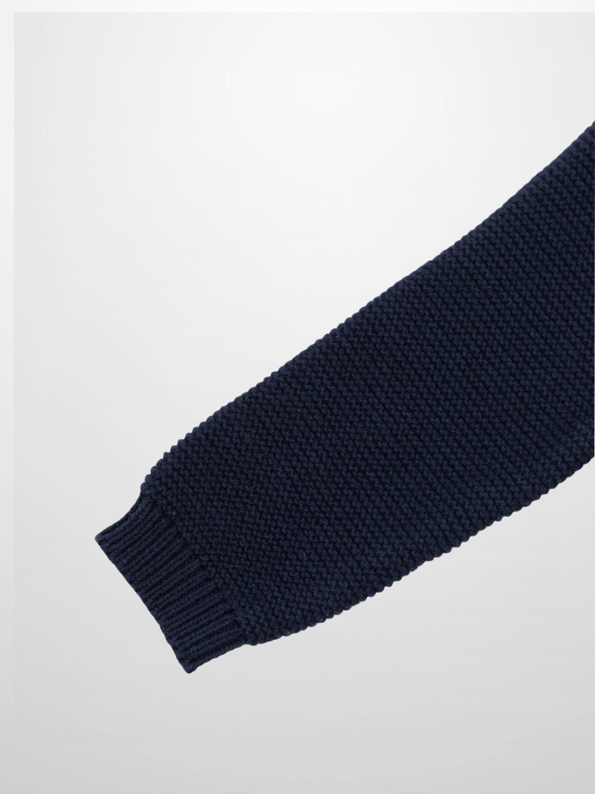 Knit cardigan navy sleeve close-up; textured knit with ribbed cuff for unisex dressy top.