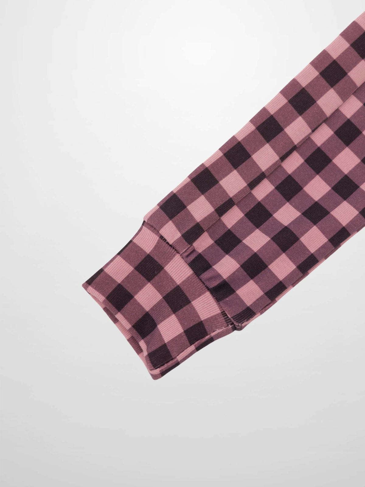 Gingham Pajamas for girls by Adee; burgundy and pink checkered sleeve cuff