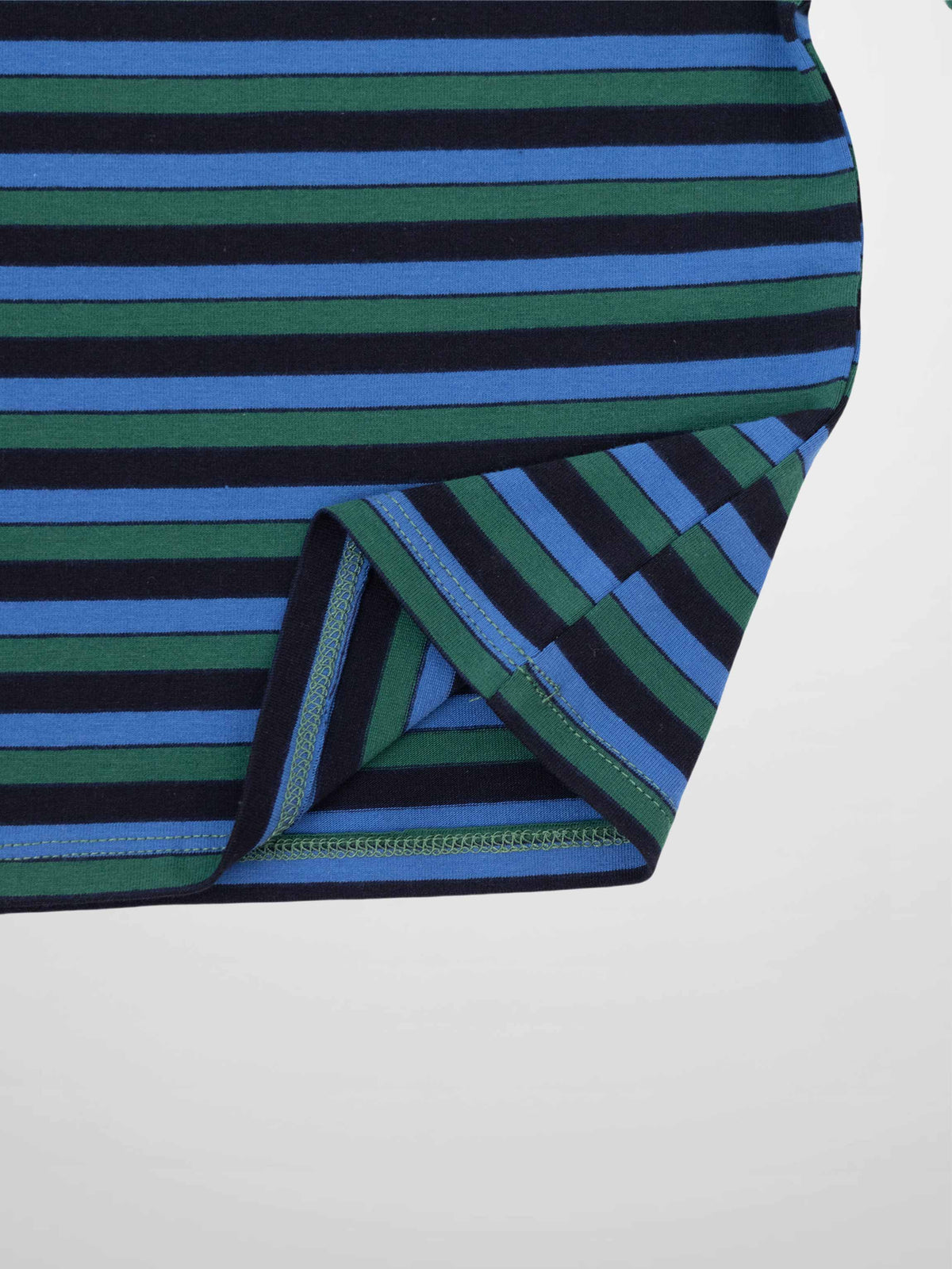 Blue, green, and black striped long-sleeve T-shirt sleeve close-up.