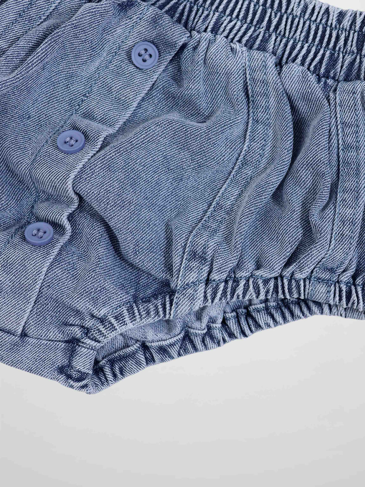 Paneled Bloomers by Adee in blue denim; unisex bottoms with elastic waist and button placket