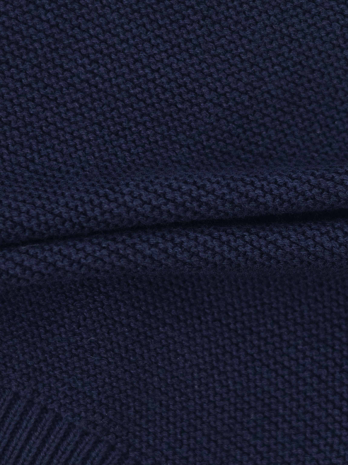 Knit cardigan navy close-up of textured knit fabric.