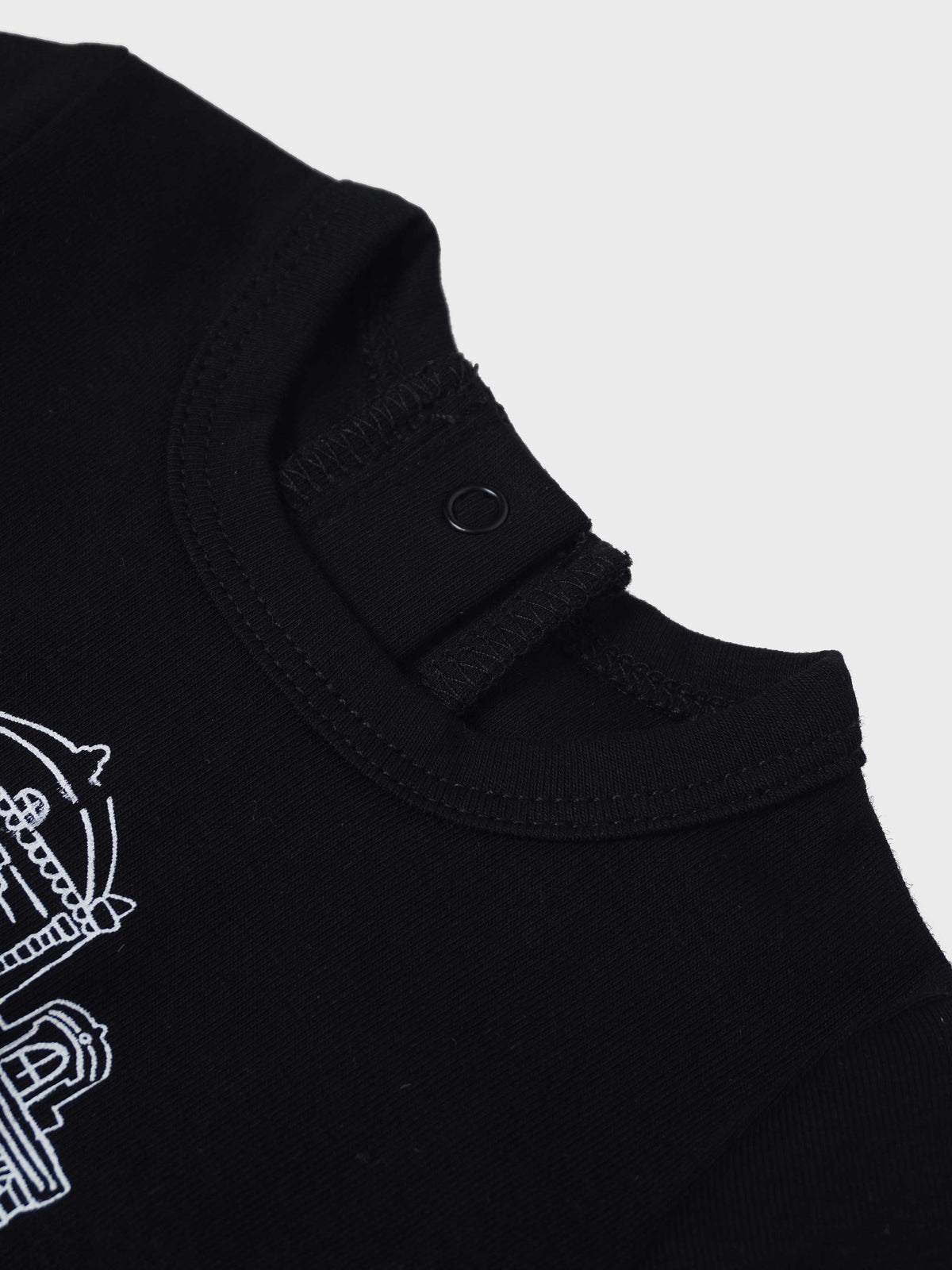 City Stretchy Black unisex jumpsuit footie with shoulder snap closure