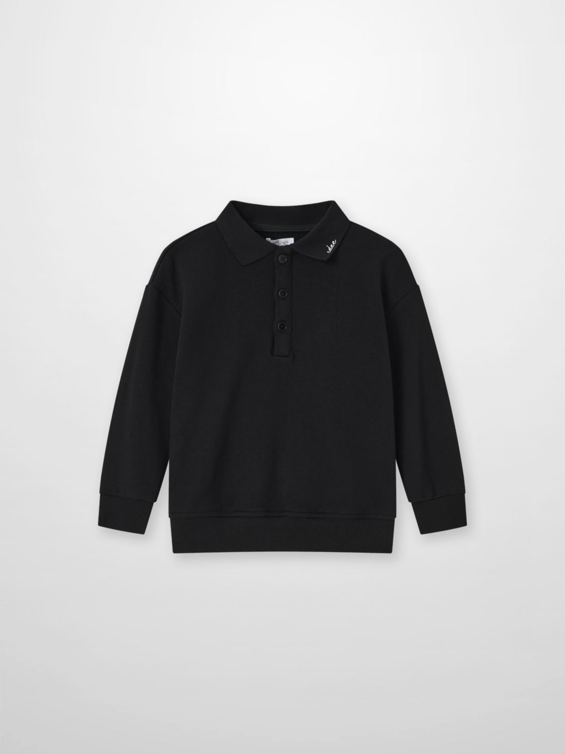 Adee black collared sweatshirt; unisex polo-style top with 3-button placket and ribbed cuffs