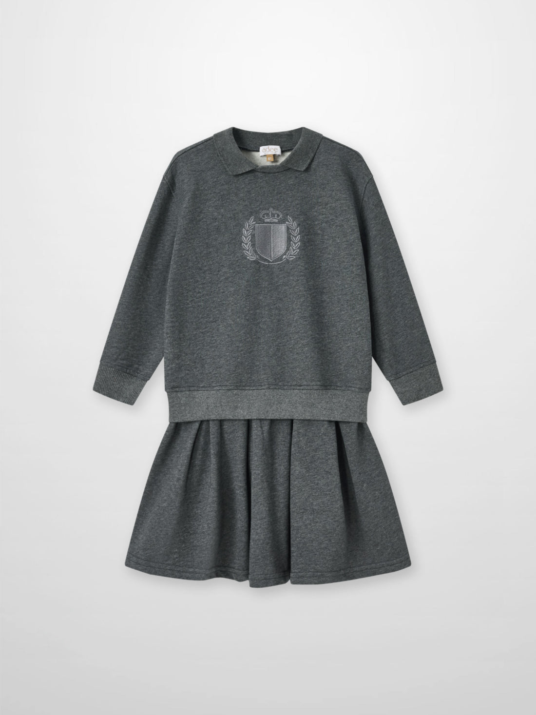 Adee Windsor Dress for girls, grey knit with crest emblem on chest and pleated skirt