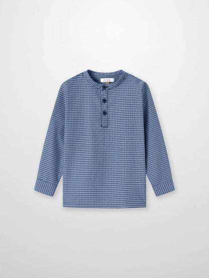 Plaid shirt for boys, navy Adee dressy long-sleeve with small checked pattern and button placket.