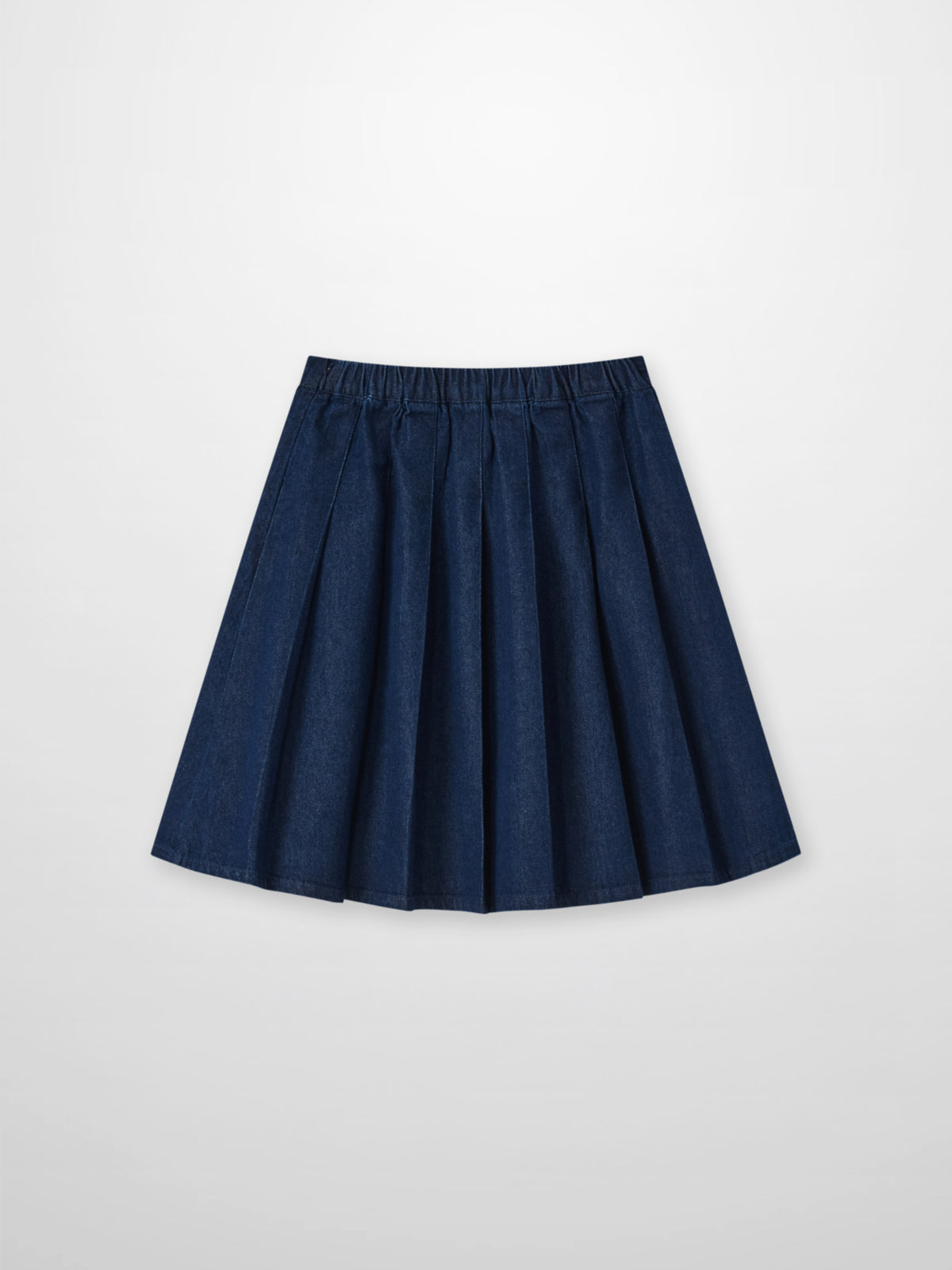 Denim pleated skirt for girls by Adee, blue denim with elastic waistband.