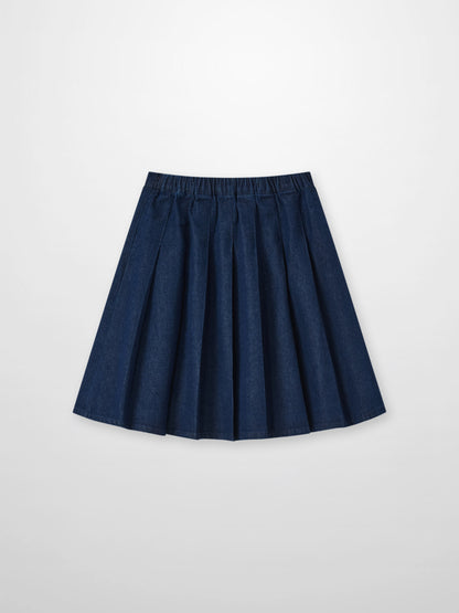 Denim pleated skirt for girls by Adee, blue denim with elastic waistband.