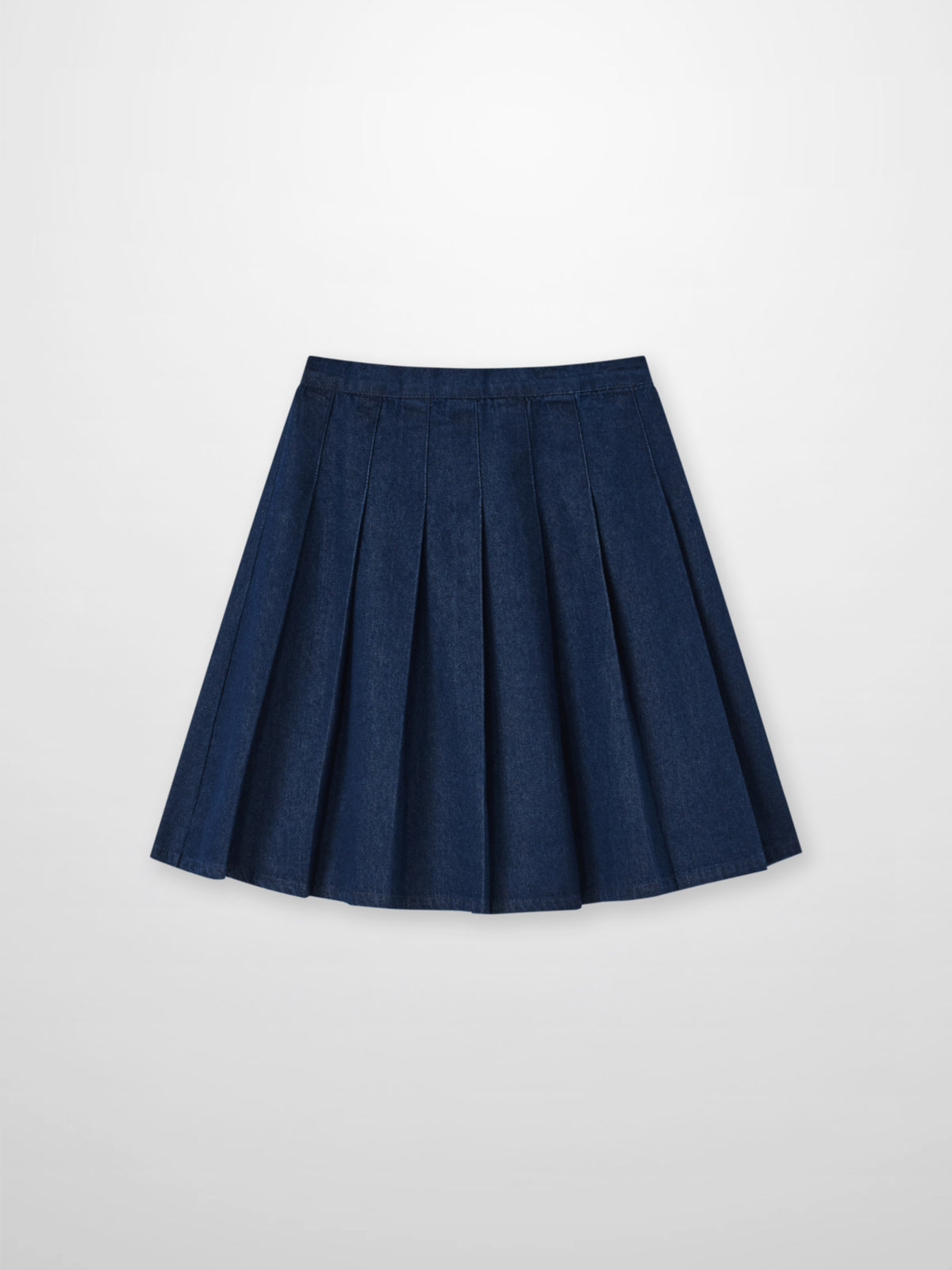 Girls Adee denim pleated skirt in dark blue with structured knife pleats