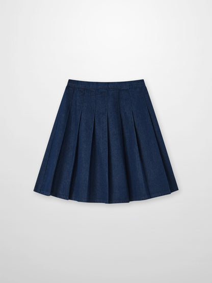 Girls Adee denim pleated skirt in dark blue with structured knife pleats