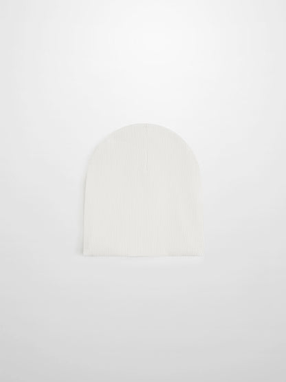 Blue Balloon Beanie for boys; white ribbed knit fabric