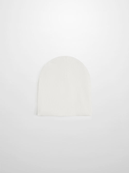 Blue Balloon Beanie for boys; white ribbed knit fabric