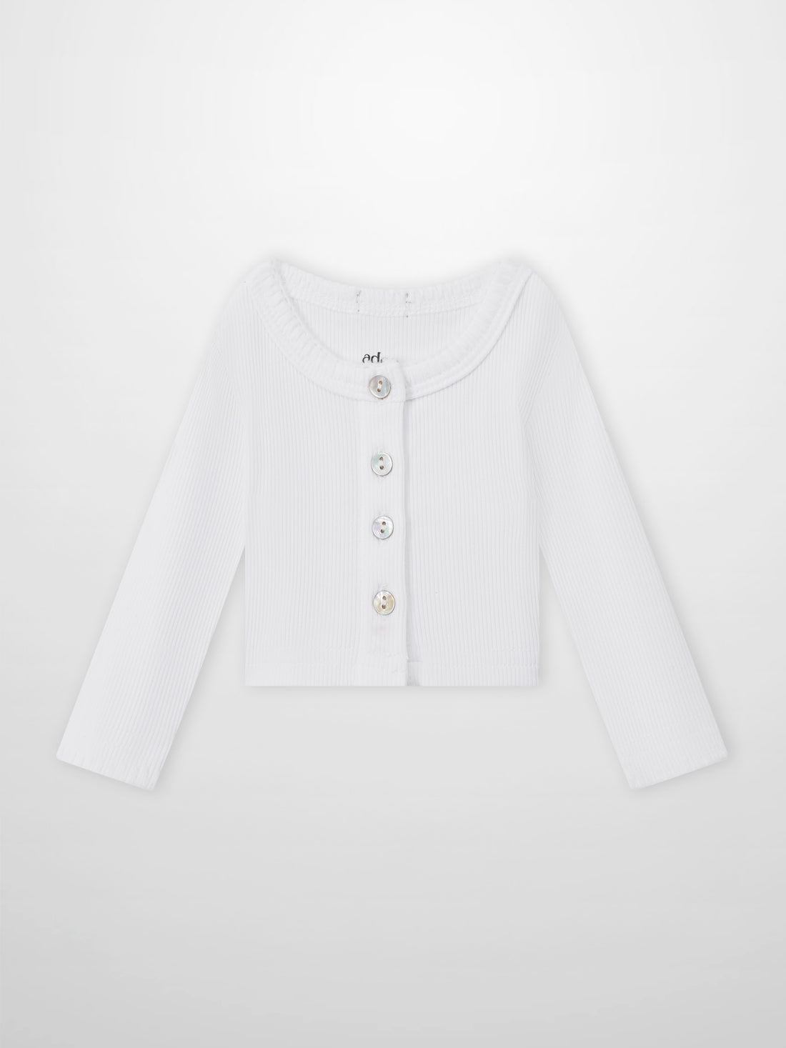 Legacy Stitch Cardigan by Adee; white ribbed knit, button-front unisex dressy top