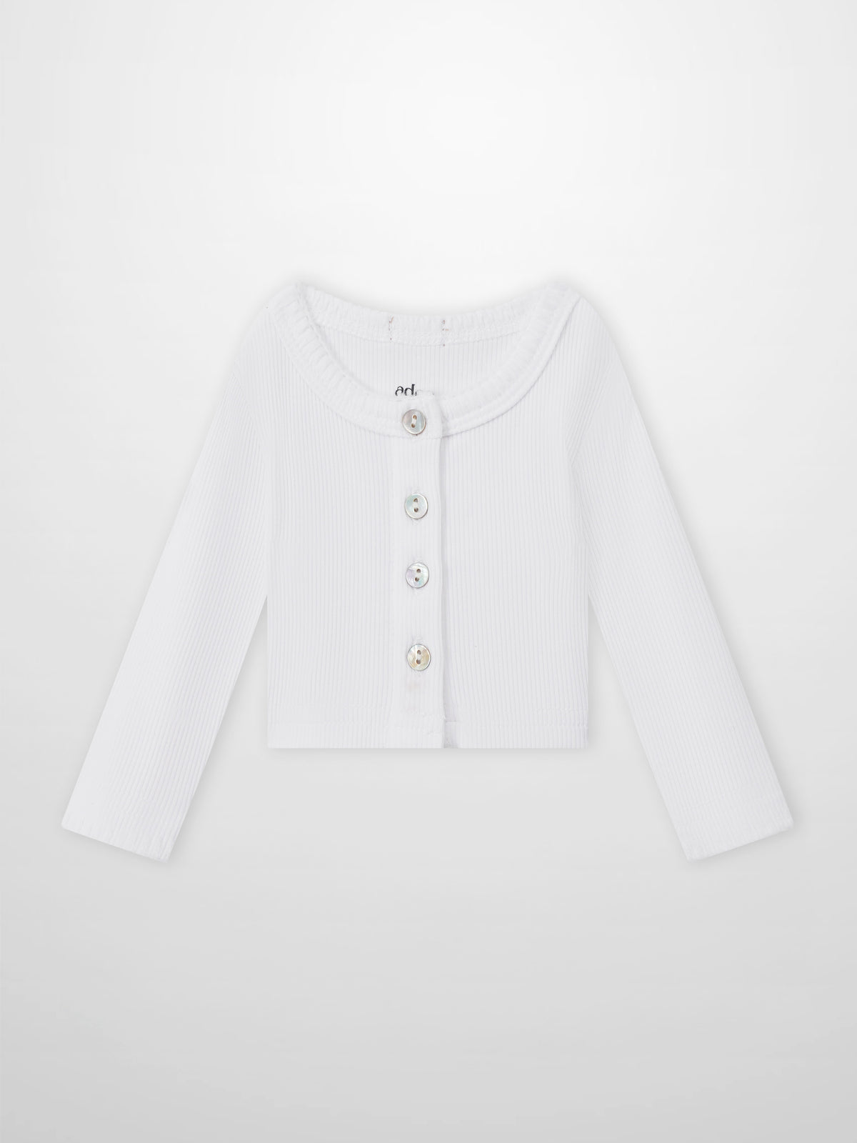 Legacy Stitch Cardigan by Adee; white ribbed knit, button-front unisex dressy top