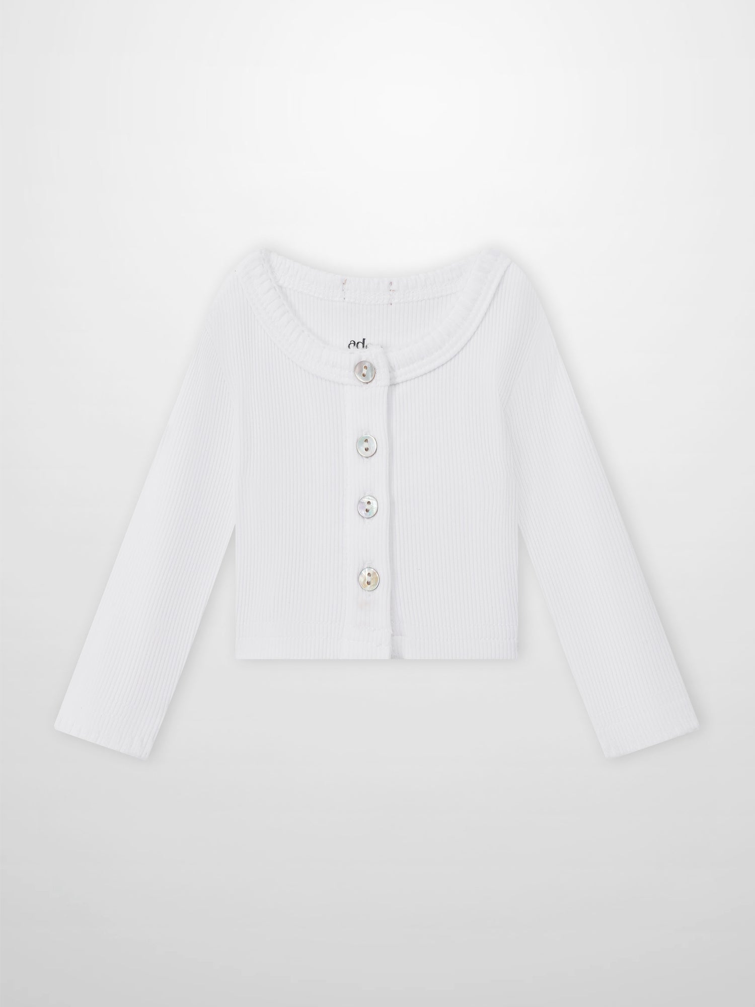 Legacy Stitch Cardigan by Adee; white ribbed knit, button-front unisex dressy top