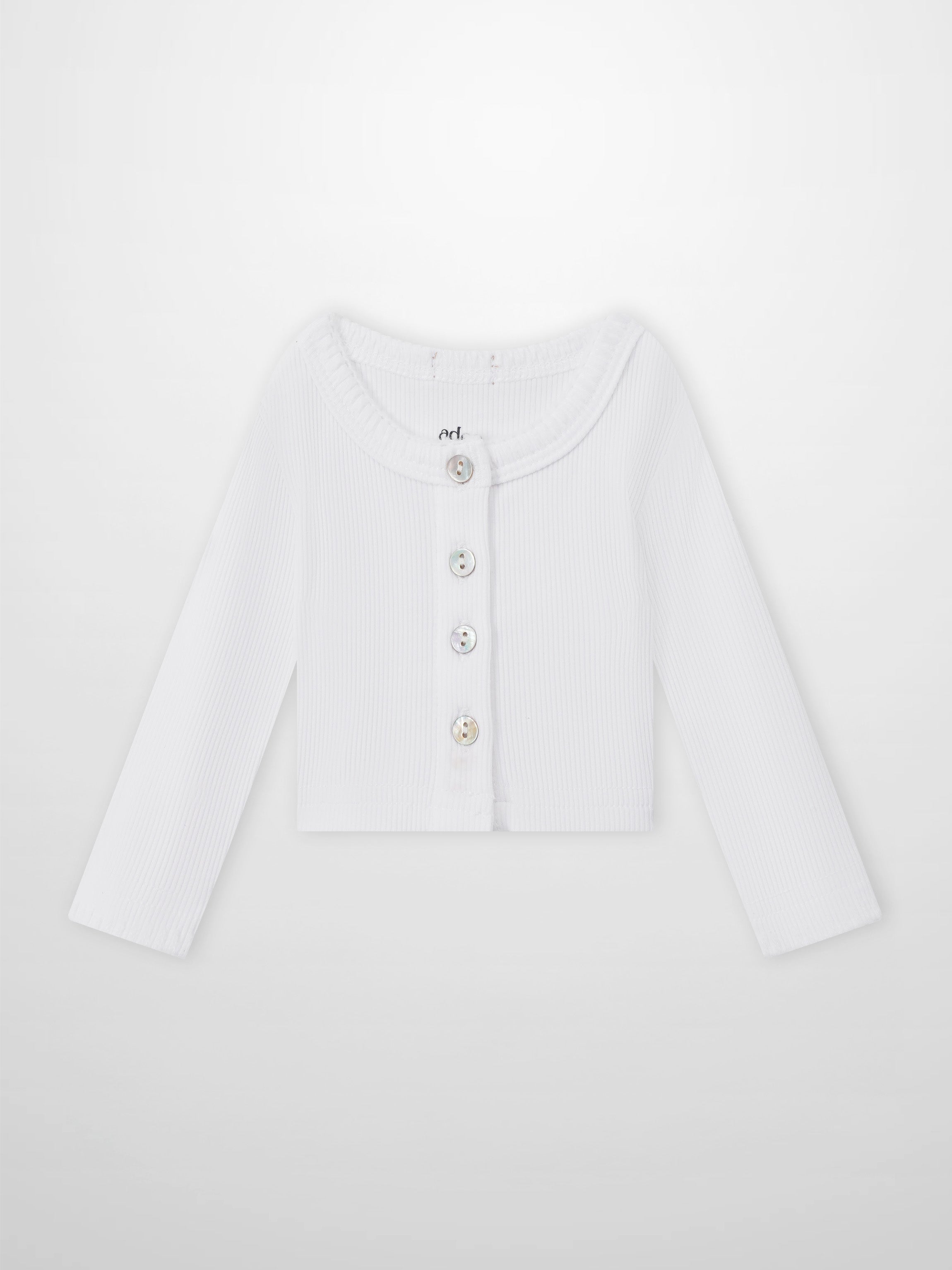 Legacy Stitch Cardigan by Adee; white ribbed knit, button-front unisex dressy top