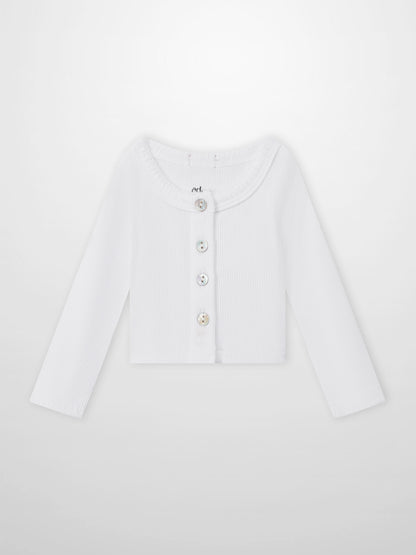 Legacy Stitch Cardigan by Adee; white ribbed knit, button-front unisex dressy top