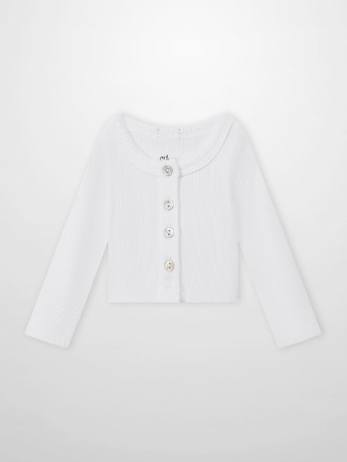 Legacy Stitch Cardigan by Adee; white ribbed knit, button-front unisex dressy top