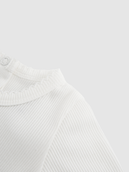 Girls Stretchies white ribbed knit top with lace trim at collar