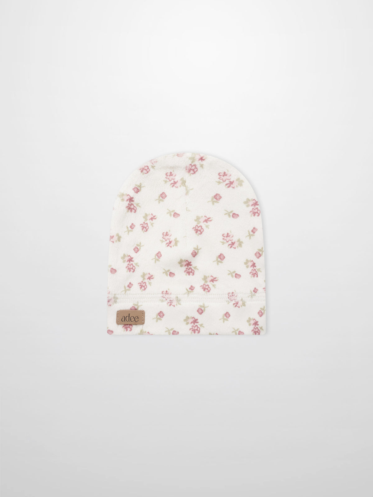 Tiny Blossom Hat by Adee, cream beanie with pink floral print and leather patch