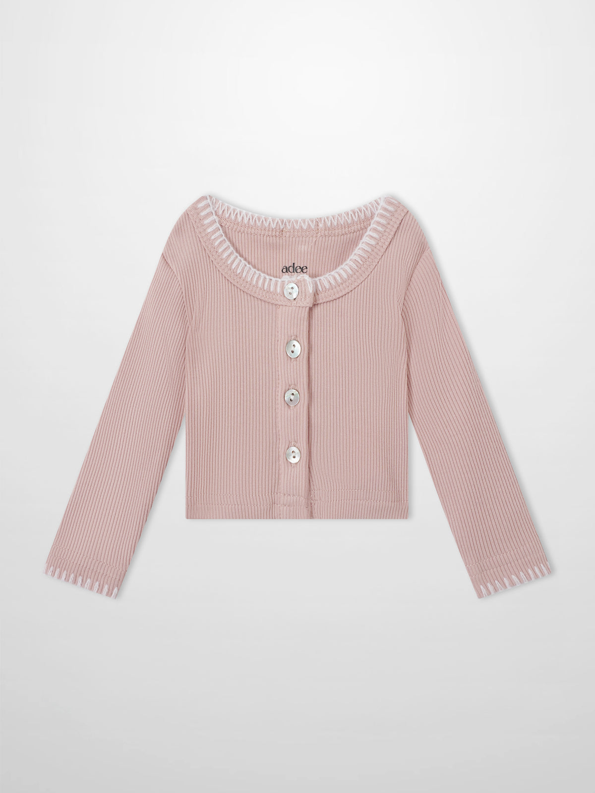 Legacy Stitch Cardigan by Adee, light pink ribbed knit girls top with white-trim neckline and buttons