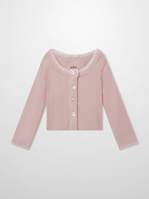 Legacy Stitch Cardigan by Adee, light pink ribbed knit girls top with white-trim neckline and buttons