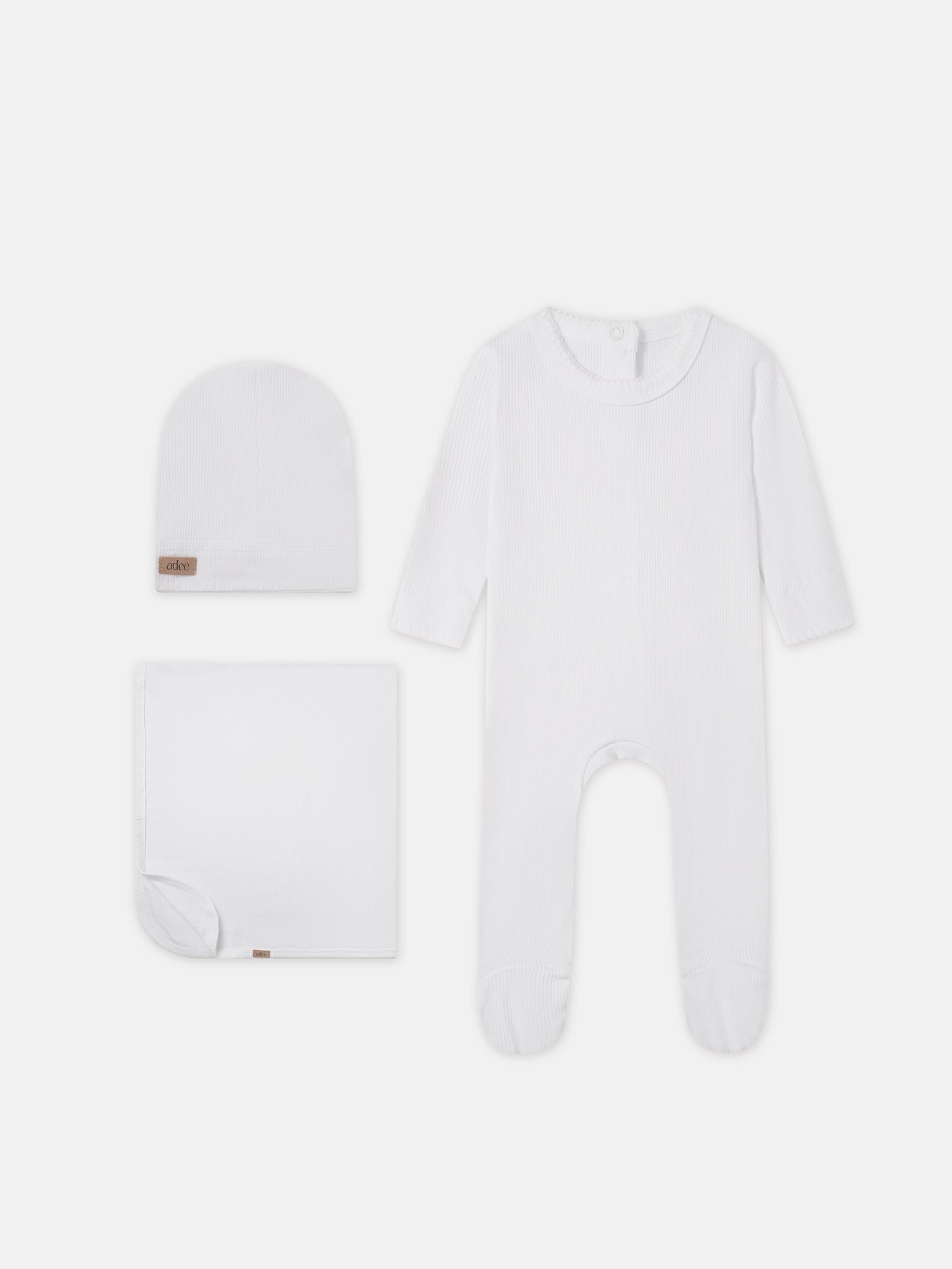 Legacy Stitch White Layette Set, unisex; ribbed knit hat, blanket and long-sleeve bodysuit by Adee