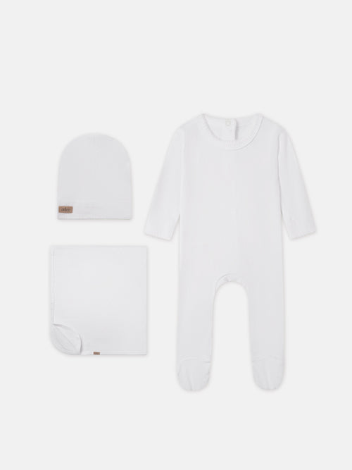 Legacy Stitch White Layette Set, unisex; ribbed knit hat, blanket and long-sleeve bodysuit by Adee