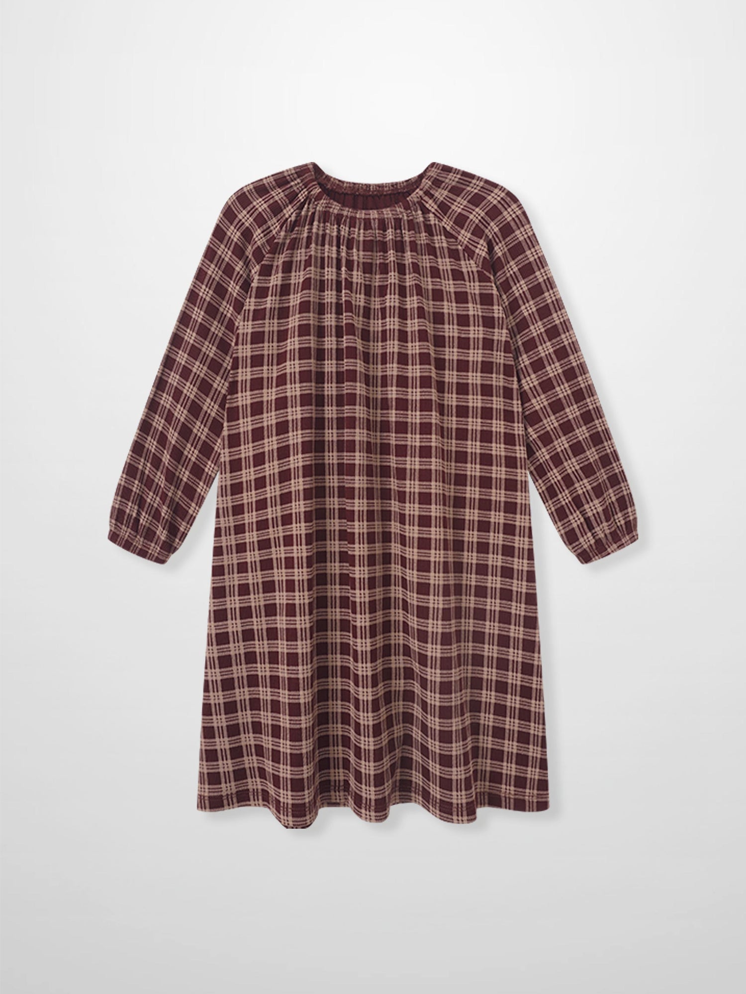 Plaid nightgown burgundy for girls with long sleeves and gathered neckline.