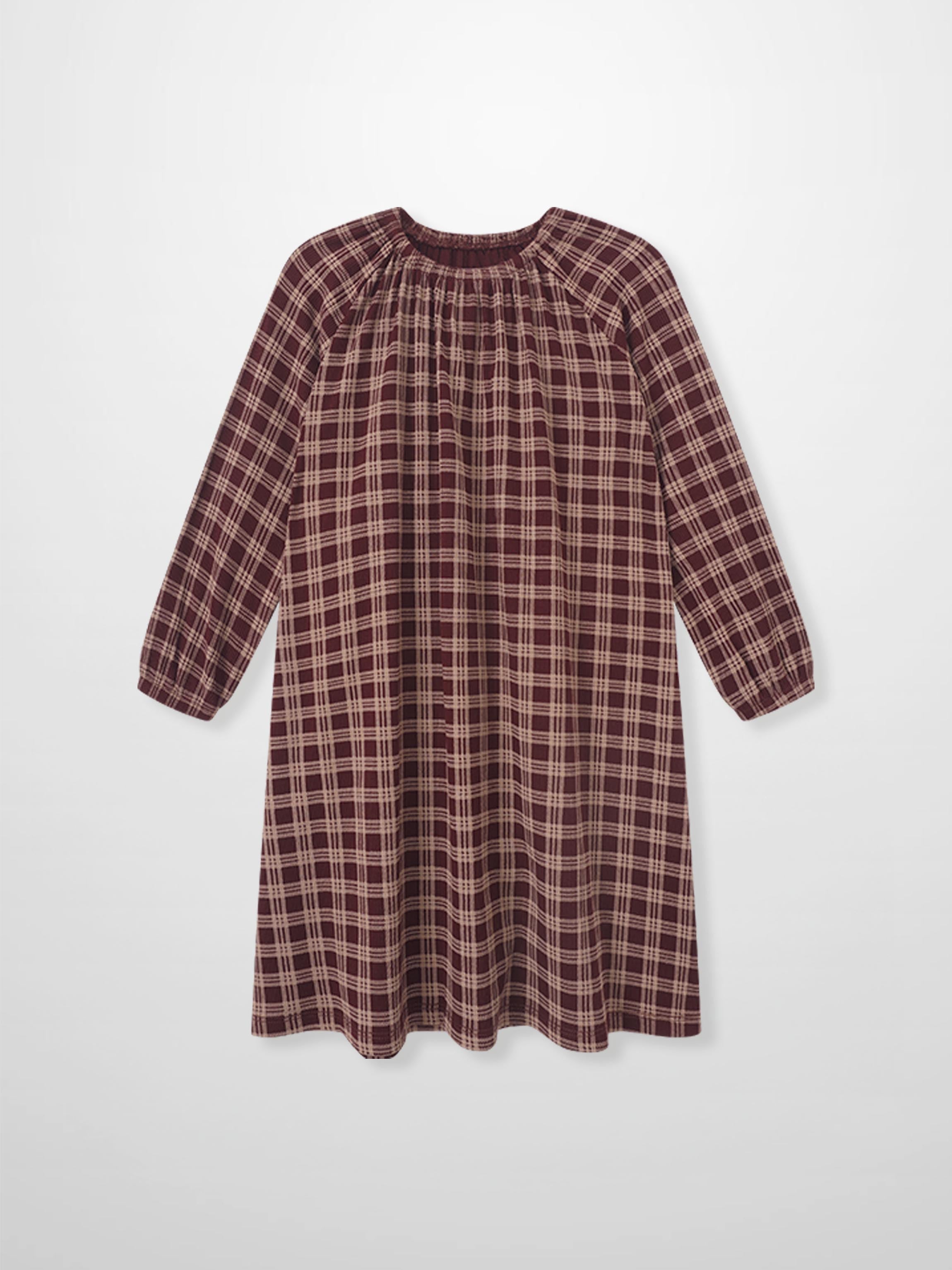 Plaid nightgown burgundy for girls with long sleeves and gathered neckline.