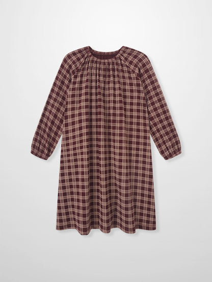 Plaid nightgown burgundy for girls with long sleeves and gathered neckline.