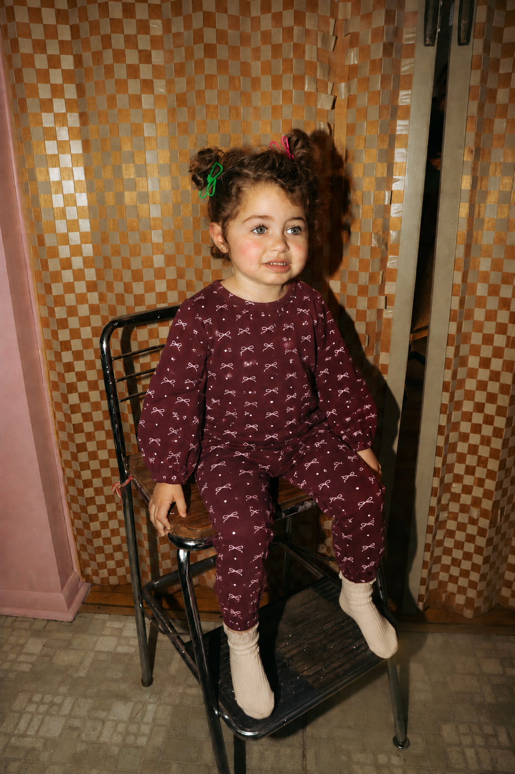 Adee Burgundy Bow Set for little girls; burgundy bow-print long-sleeve top and pants.
