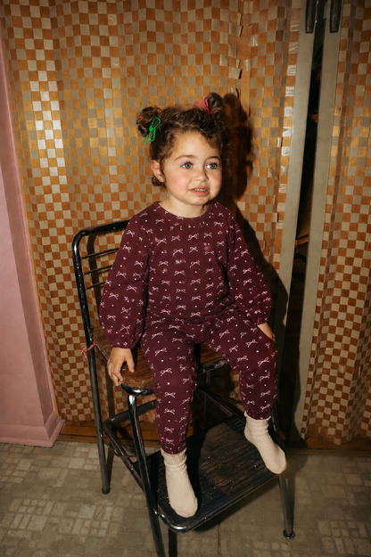 Adee Burgundy Bow Set for little girls; burgundy bow-print long-sleeve top and pants.