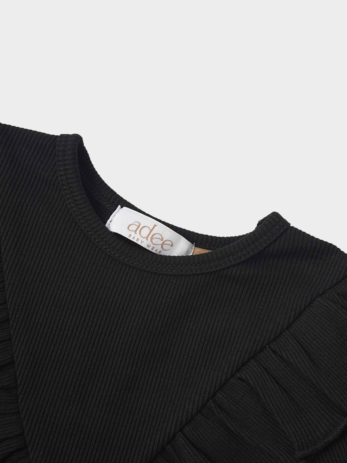 Close-up of black ribbed Ruffle V Robe neckline with V-front ruffle detail.