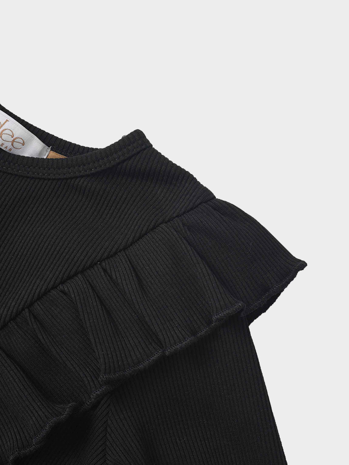 Ruffle V Robe - Black: ribbed fabric with shoulder ruffle detail